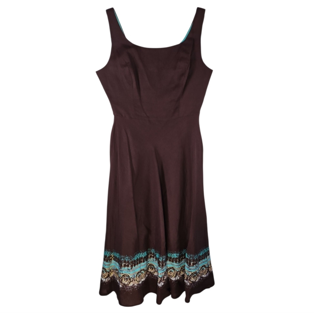 Coldwater Creek Brown Linen Blend Border Print Sleeveless Dress 6P